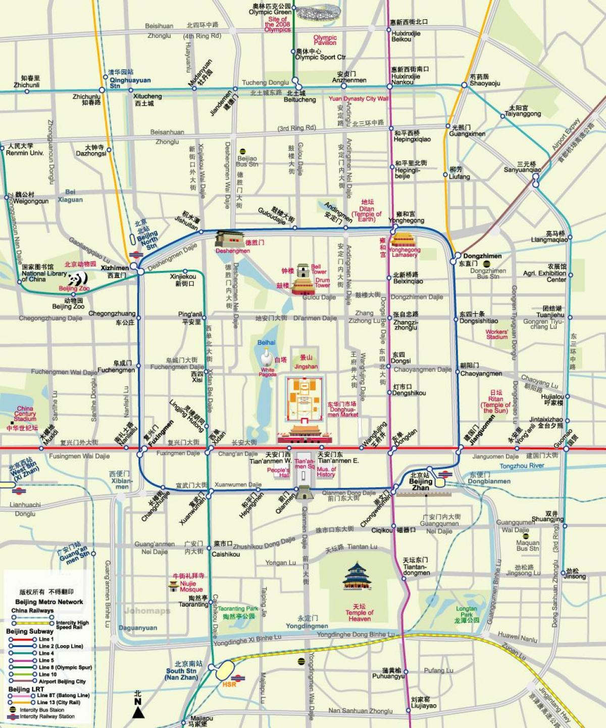 mappa di Pechino mappa della metropolitana, con attrazioni turistiche
